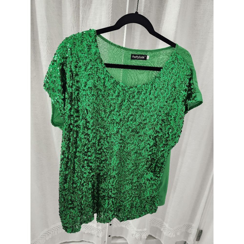 PrettyGuide Green Sequin Front Blouse XL - Picture 2 of 5